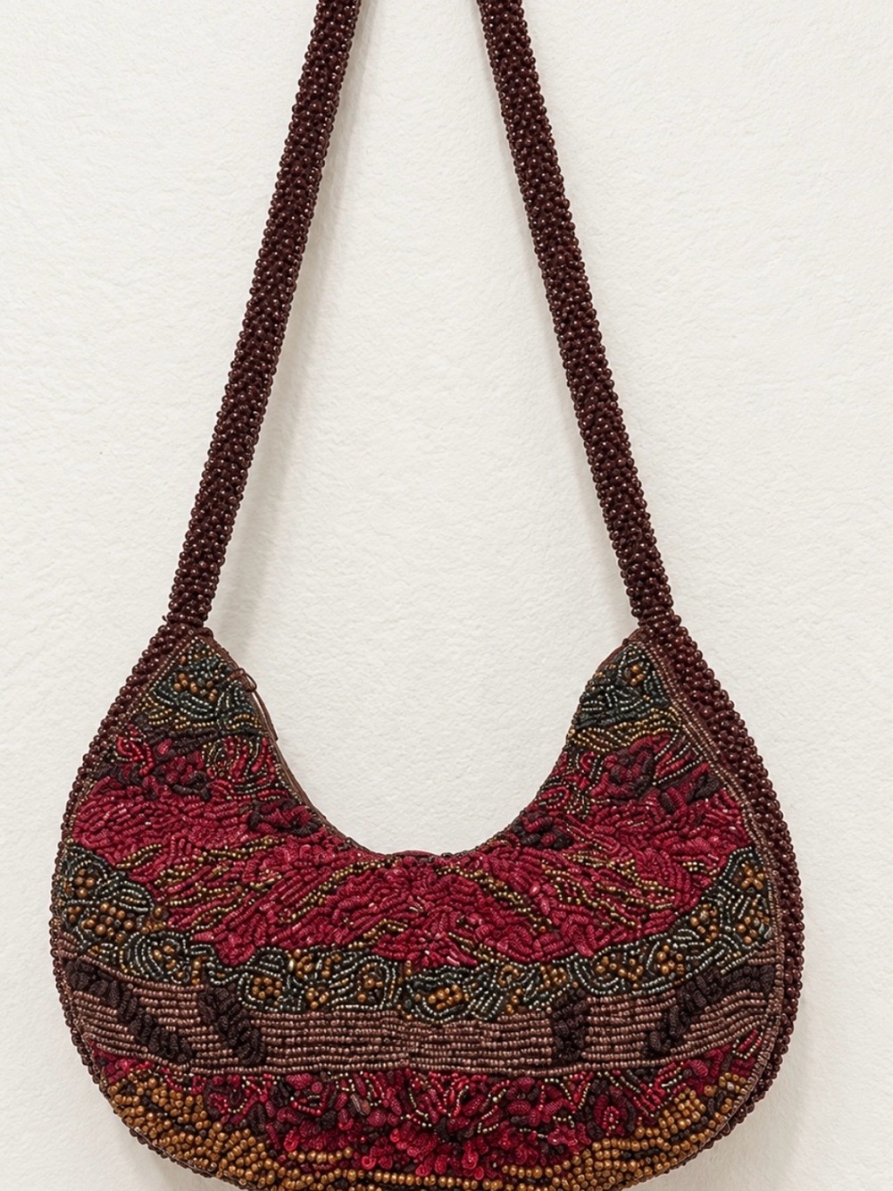 Hand-Beaded Crescent Shoulder Bag in Burgundy and Brown